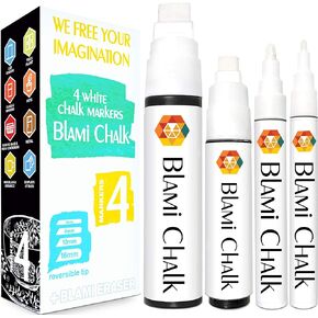 Drawing White Chalk Markers 4 Pack - Reversible Fine and Jumbo Tips 16mm - 10mm - 6mm - 3mm - Chalkboard Pens for Bistro Glass Windows, Office School Supplies - Eraser Sponge Included