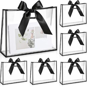 aliceset 12 pcs أكياس هدايا بلاستيكية واضحة مع مقابض مقطوعة مقابض قابلة لإعادة الاستخدام مع الشريط لزفاف الزفاف دش الطفل حفل عيد ميلاد ، 12 × 10 × 5 '(أسود)