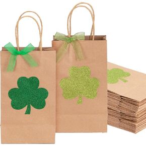 Whaline 24 Pack St. Patrick's Day Party Bag مع مقبض 2 Design Kraft Glitter Shamrock Treat Gift Bag مع شريط لصالح الحفلات الخفيفة