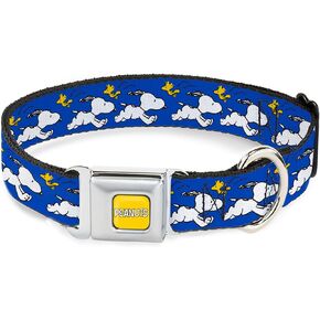 Peanuts Worldwide LLC Pet Collar, Dog Collar Metal Seatbelt Buckle, Peanuts Snoopy Running and Woodstock Pose Blue, 15 to 24 Inches 1.0 Inch Wide