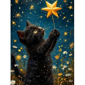 Ekuxom Cat Diamond Art Kits for Adults, Cat Diamond Painting Kits for Adults, Round Full Drill Black Cat Diamond Art Star Diamond Art Painting Home Wall Decor 12x16inch