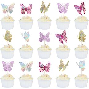 GXSOVSO 24PCS Cupcake Cupcake Toppers ، Glitter 3D Butterfly Cake Sicks ، Butterfly Purster Cake Cake ، Decortings Butterfly Decortings ، Butterfly Deprate Decorations