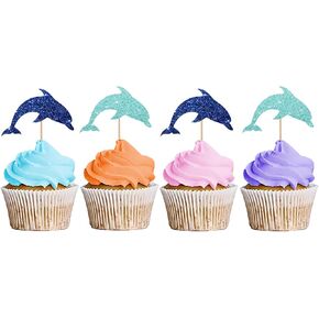 24PCS Dolphin Cupcake Toppers, Ocean Animal Dolphin Cupcake Toppers, Ocean Safari Cupcake Picks for Baby Shower, Dolphin Birthday/Under The Sea Themed Party Decoration - Blue Glitter