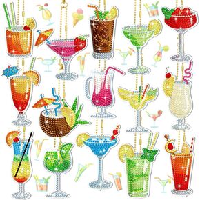 Thinkday 15 Pcs Summer Diamond Art Keychain Kits Cocktail Diamond Painting Keychains Kit 5d DIY Summer Spring Hanging Ornaments for Adult Beginner Craft Purse Backpack Handbag Family Decor