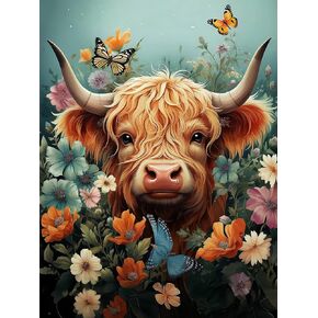 Meothan 5D Highland Cow Diamond Painting Kits for Adults Flower Cow Diamond Art Kits for Adults Beginners, DIY Round Full Drill Gem Art Crafts Kits for Home Wall Decor Gifts (11.8x15.7 in)