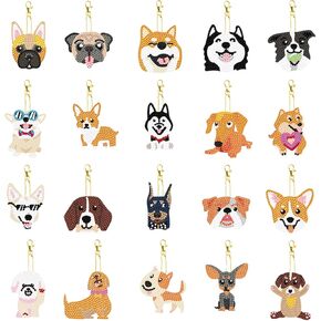 20Pcs Diamond Painted Keychains Dogs Art Ornaments 5D DIY Animals Patterns Key Rings Pendants Kit for Beginners DIY Crafts