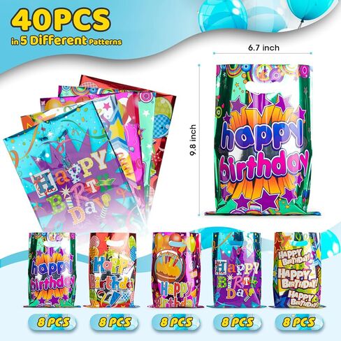 40PCS Birthday Goodie Bags for Kids, Cake & Ribbons Party Favor Bags for Kids Birthday, Plastic Treat Bags for Party, Small Return Gift Bags Bulk for Goody, Candy, Holiday, Girls, Boys, Adult in Saudi Arabia