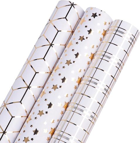 Goviw Wrapping Paper Roll - Mini Roll - 17 inch X 120 inch Per roll - 3 Different Gold Print Design for holiday gifts (42.3 sq.ft.ttl) in Saudi Arabia