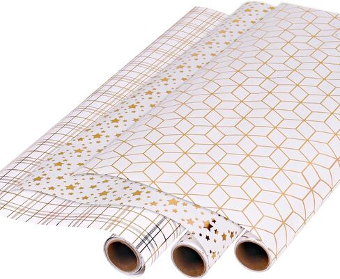 Goviw Wrapping Paper Roll - Mini Roll - 17 inch X 120 inch Per roll - 3 Different Gold Print Design for holiday gifts (42.3 sq.ft.ttl) in Saudi Arabia