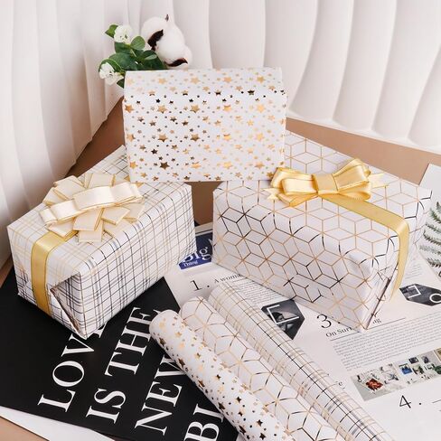 Goviw Wrapping Paper Roll - Mini Roll - 17 inch X 120 inch Per roll - 3 Different Gold Print Design for holiday gifts (42.3 sq.ft.ttl) in Saudi Arabia