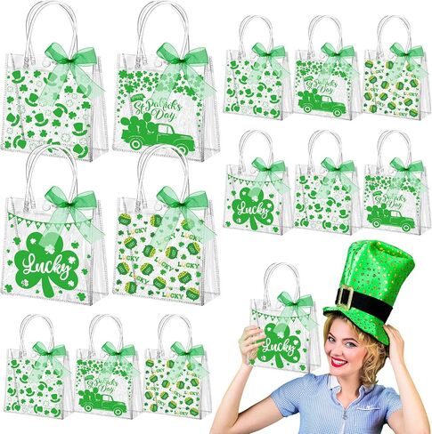 Abbylike 24 Pcs St. Patrick's Day Clear Gift Bags 7.87x3.15x7.87 in Shamrock Tote Bag Shopping Plastic PVC Bag with Handles Clear Irish Lucky Clovers Bag for St. Patrick Party Supplies in Saudi Arabia
