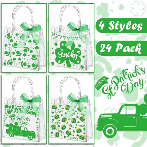 Abbylike 24 Pcs St. Patrick's Day Clear Gift Bags 7.87x3.15x7.87 in Shamrock Tote Bag Shopping Plastic PVC Bag with Handles Clear Irish Lucky Clovers Bag for St. Patrick Party Supplies in Saudi Arabia