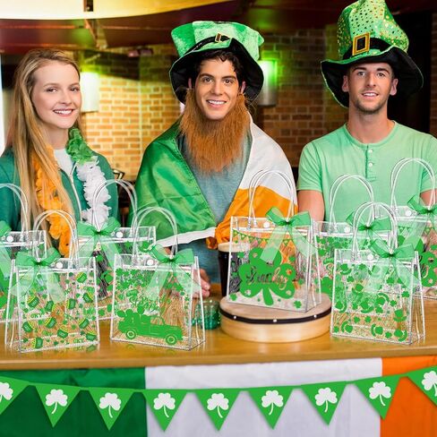 Abbylike 24 Pcs St. Patrick's Day Clear Gift Bags 7.87x3.15x7.87 in Shamrock Tote Bag Shopping Plastic PVC Bag with Handles Clear Irish Lucky Clovers Bag for St. Patrick Party Supplies in Saudi Arabia