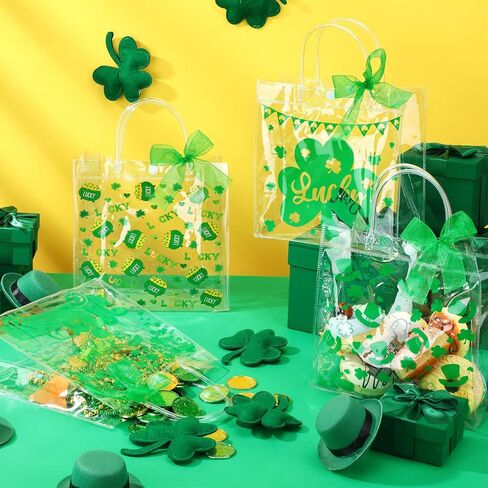 Abbylike 24 Pcs St. Patrick's Day Clear Gift Bags 7.87x3.15x7.87 in Shamrock Tote Bag Shopping Plastic PVC Bag with Handles Clear Irish Lucky Clovers Bag for St. Patrick Party Supplies in Saudi Arabia