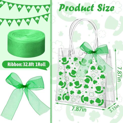 Abbylike 24 Pcs St. Patrick's Day Clear Gift Bags 7.87x3.15x7.87 in Shamrock Tote Bag Shopping Plastic PVC Bag with Handles Clear Irish Lucky Clovers Bag for St. Patrick Party Supplies in Saudi Arabia