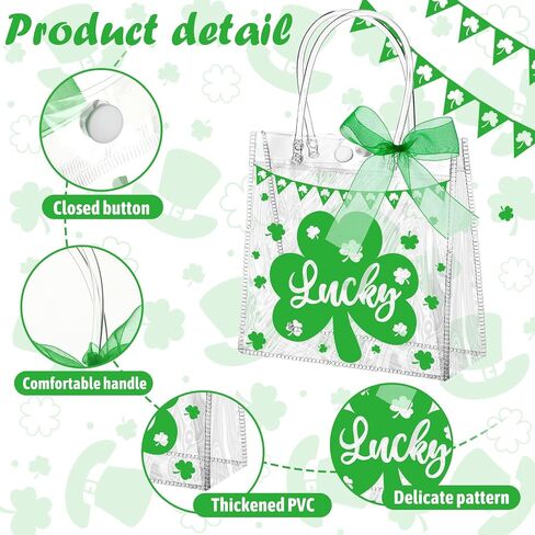 Abbylike 24 Pcs St. Patrick's Day Clear Gift Bags 7.87x3.15x7.87 in Shamrock Tote Bag Shopping Plastic PVC Bag with Handles Clear Irish Lucky Clovers Bag for St. Patrick Party Supplies in Saudi Arabia