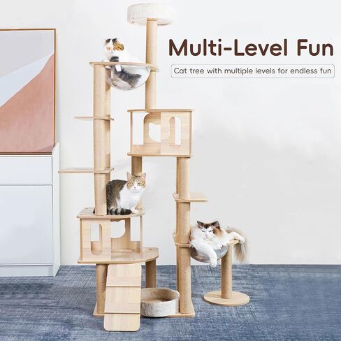 Cat Tree, 73in Multi-Level Cat Trees Indoor,Wooden Cat Tower for Large Cats with 2 Big Caves, 19 Scratching Posts,Space Capsule and Removable Condo in Saudi Arabia