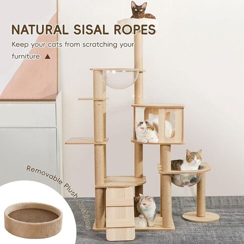 Cat Tree, 73in Multi-Level Cat Trees Indoor,Wooden Cat Tower for Large Cats with 2 Big Caves, 19 Scratching Posts,Space Capsule and Removable Condo in Saudi Arabia