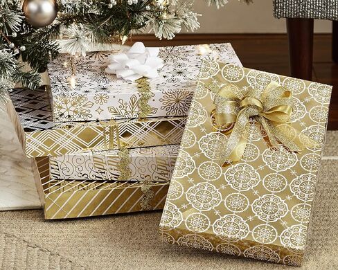 Hallmark Premium Christmas Gift Box Assortment - Pack of 5 Gold Patterned Shirt Boxes with Lids for Wrapping Holiday Gifts, 5XBC1097 in Saudi Arabia