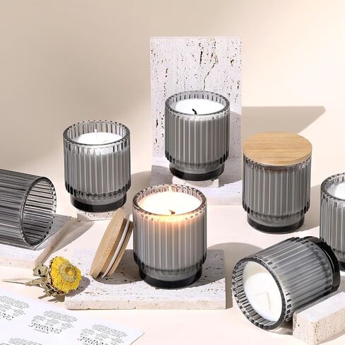 DEVI 8 Pack Empty Grey Ribbed Glass Candle Jars for Making Candles(7oz), Bulk Empty Candle Containers,Glass Candle Jars with Lids, Candle Tins Making Supplies for Gifts,Boho Fall Coffee Table Decor in Saudi Arabia