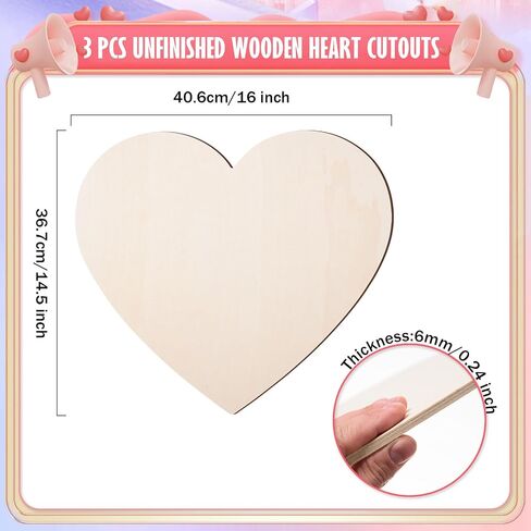 AWIZOM 3 Pcs 16 Inch Unfinished Wooden Hearts for Crafts Blank Wooden Heart Cutouts 1/4 Thick Large Wood Heart Slices for Valentine's Day Project, Painting, Door Hanger, Sign Making, Laser Engraving in Kuwait