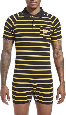 Mens Short Sleeve Romper Onesie One Piece Stripe Pajamas with Polo Collar in Kuwait