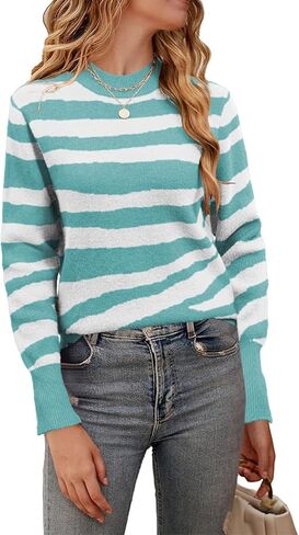 Allimy Women's Crewneck Color Clock Striped Cable Knit Sweaters for Women Fashion Trendy 2024 Lightweight Fall Outfits in Kuwait