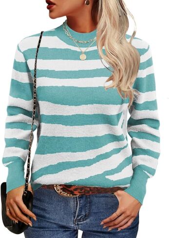 Allimy Women's Crewneck Color Clock Striped Cable Knit Sweaters for Women Fashion Trendy 2024 Lightweight Fall Outfits in Kuwait