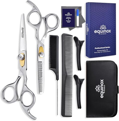 Equinox Dog Grooming Scissors & Deshedder - 7 in 1 Pet Grooming Scissors Set with undercoat brush - Curved Dog Scissors with safety tips - Includes Thinning & Rounded Shears - For dogs & cats in Saudi Arabia