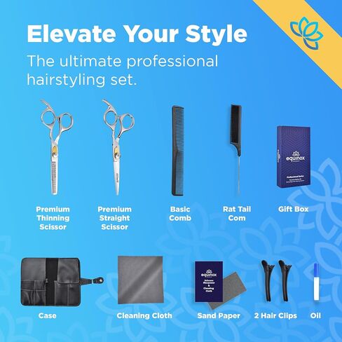 Equinox Dog Grooming Scissors & Deshedder - 7 in 1 Pet Grooming Scissors Set with undercoat brush - Curved Dog Scissors with safety tips - Includes Thinning & Rounded Shears - For dogs & cats in Saudi Arabia