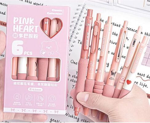 6 Pcs Gel Pens Cute Pink Retractable Pens Soft Grip Pen 0.5mm Black Ink Pen Writing Pens Office School Supplies for Girls Boys Women Men (Pink) in Saudi Arabia