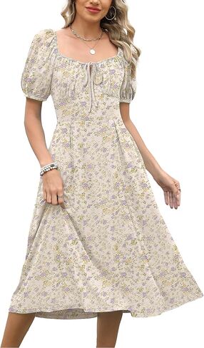 Caracilia Women Boho Floral Midi Dress Puff Sleeve Square Neck Tie Front Smocked Flowy Casual Summer Beach Wedding Dresses in Kuwait