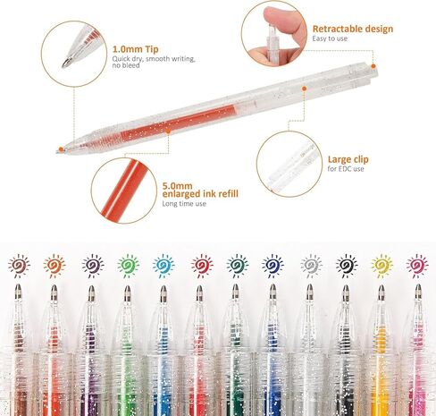 SMOOTHERPRO Glitter Retractable Gel Pens 18 Colors Metallic Colored Gel Pen 1.0 mm Bold Silver Glitter Gel Ink for Adults Coloring Journaling Drawing Doodling (GRP018N) in Kuwait