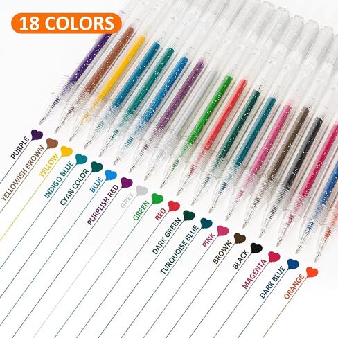 SMOOTHERPRO Glitter Retractable Gel Pens 18 Colors Metallic Colored Gel Pen 1.0 mm Bold Silver Glitter Gel Ink for Adults Coloring Journaling Drawing Doodling (GRP018N) in Kuwait