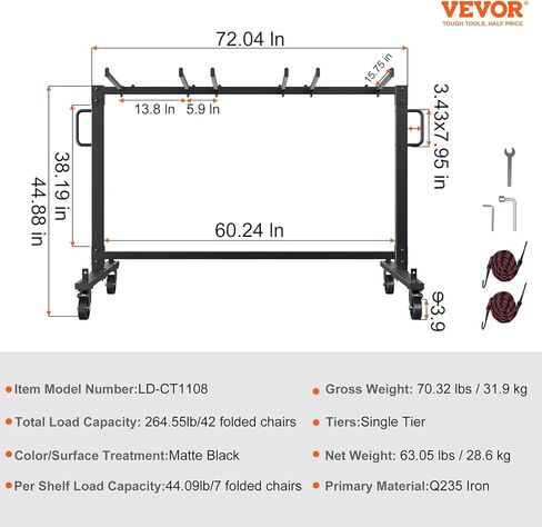 رف كرسي قابل للطي Vevor ، سعة 400 رطل ، عربة كرسي شاقة لـ 42 كرسيًا أو 12 طاولًا ، تخزين كرسي متعدد الوظائف مع عجلات مطاطية وحاملات ، حامل كرسي كبير ، أسود غير لامع in Kuwait