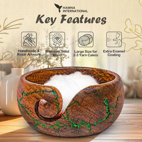 Hamna International Handcrafted Wooden Yarn Bowl - Durable and Smooth, Keeps Yarn Tangle-Free, Portable Knitting & Crochet Accessory, Elegant Design for Craft Lovers (Mango Blue Resin) in Saudi Arabia