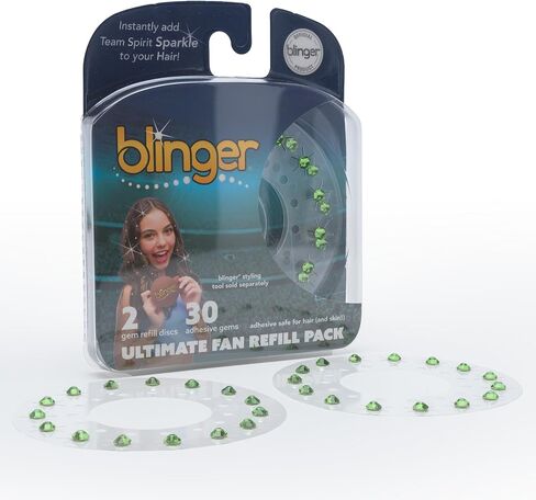 BLINGER® Ultimate Fan Recled Pack مع 30 بلورات زجاجية دقة | تألق على الفور بألوان روح الفريق | آمن الشعر - بلينغ في فرشاة - أخضر فاتح in Kuwait