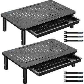 BONTEC 2 Pack Monitor Stand Riser with Drawer, 3 Height Adjustable PC Monitor Riser for Desk with Mesh Platform for Laptop, Computer, iMac, PC, Printer up to 44LBS/20KG, Cable Ties Included