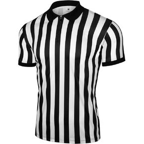 FitsT4 Sports Mens Official Black & White Stripe Referee Shirt Zipper Collared Short Sleeve Umpire Jersey Costume Ref Uniform