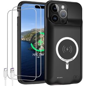 Battery Case for iPhone 15 Pro Max, Newest 12000mAh Rechargeable Portable Protective Extended Charger Case Wireless Charging Compatible with iPhone 15 Pro Max (6.7 inch) Charging Case & Carplay-Black
