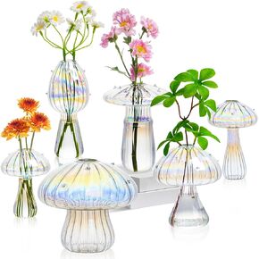 Mushroom Vase, Set of 6 Clear Flower Vase, Propagation Stations Vases, Glass Vase for Decor, Small Bud Vases Home Decor Small Vase Cute Mushroom Planter for Room Office Decoration (Clear)