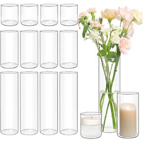 ComSaf Glass Cylinder Vases Pack of 12, Clear Bud Vases for Centerpieces Weeding Decoration, 4 inch 7.5 Inch 12 Inch Tall Clear Flower Vases, Hurricane Candle Holder for Party Home Decor