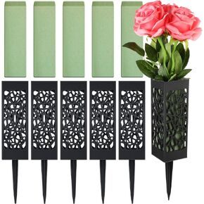 12 Piece Cemetery Vases with Foam Spikes Outdoor in Ground Vase for Cemetery Plastic Flower Holder Black Drainage Hole Gravestone Headstone Flower Vase for Human Grave Markers Floral Holder Decoration