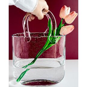 OLEEK purse vase for flowers (handmade) Clear glass bag vase -10Inches- Clear, cool & cute vase for centerpieces & Fish bowl - handbag unique flower vase decorative - wide mouth bubble vase for décor
