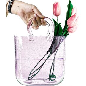 OLEEK purse vase for flowers (handmade) Clear glass bag vase -10Inches- Clear, cool & cute vase for centerpieces & Fish bowl - handbag unique flower vase decorative - wide mouth bubble vase for décor