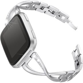bayite Stainless Steel Bands Compatible with Fitbit Versa/Fitbit Versa Lite & SE/Fitbit Versa 2, Women Bling Replacement Bracelet with Rhinestones Diamond X-Link Accessories