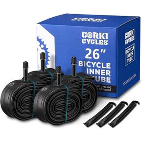 Corki Cycles 26 Inch Mountain Bike Inner Tube 4-Pack, Bike Tube 26 x 1.75 1.95 2.0 2.1 2.125 2.2 2.25 2.3 2.35 2.4 4.0 Presta Valve 48mm / Schrader Valve 32mm - Heavy Duty Butyl Rubber Bike Tire Tube