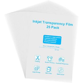 Inkjet Transparency Film Printable 100% Clear Transparency Sheets, Inkjet Transparency Film for Screen Printing, 25 Pack Overhead Projector Film Sheets(8.3 x 11.8 inch)