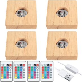 Riakrum Square Wooden Led Display Base Wood Lighted Display Lamp Base Stand with Remote Control for Home 3D Laser Art Crystal Glass Resin (6 Pieces)