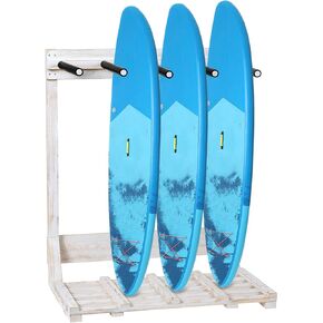 MyGift 4-Ft Tall Freestanding Vertical Surfboard Rack, Beach House Style Weathered White Wood Wakeboard SUP Paddleboard Storage Stand - Holds up to 4 Boards